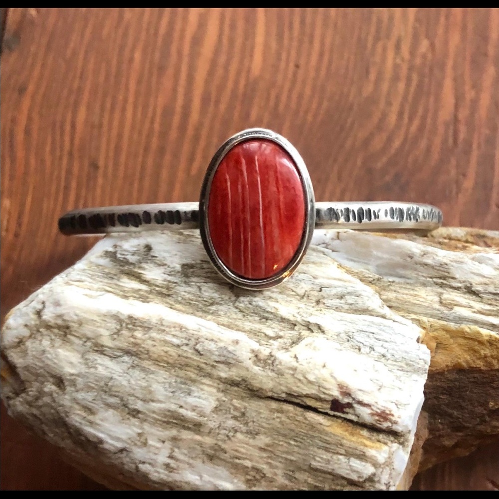 Red spiny sterling silver cuff bracelet
